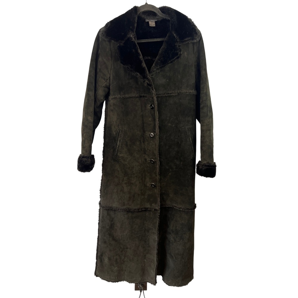 Vintage Express Black Suede Leather Faux Fur Penny Lane Y2K Long Coat SZS